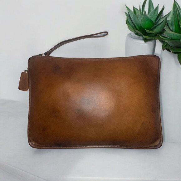 VTG Coach Portfolio Zip Top Clutch 9555 Tan Leather Bag 80s NYC Wrist Strap +Tag - Picture 1 of 7